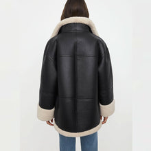 Load image into Gallery viewer, back side of women black shearling jacket