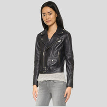 Load image into Gallery viewer, Zora Black Biker Leather Jacket - Shearling leather