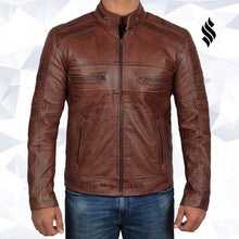 Load image into Gallery viewer, Mens Cognac Brown Motorcycle Distressed Leather Jacket - Shearling leather