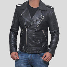 Load image into Gallery viewer, Alec Black Biker Leather Jacket - Shearling leather