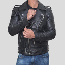 Load image into Gallery viewer, Alec Black Biker Leather Jacket - Shearling leather