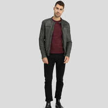 Load image into Gallery viewer, Buck Grey Biker Genuine Leather Jacket - Shearling leather