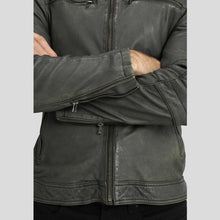 Load image into Gallery viewer, Buck Grey Biker Genuine Leather Jacket - Shearling leather