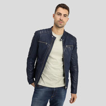 Load image into Gallery viewer, Olin Blue Biker Leather Jacket - Shearling leather