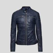 Load image into Gallery viewer, Olin Blue Biker Leather Jacket - Shearling leather