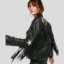 Load image into Gallery viewer, Sloane Black Biker Leather Jacket Tassels - Shearling leather
