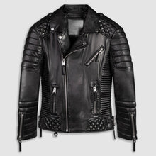 Load image into Gallery viewer, Black Biker Leather Motorcycle Jacket For Men Quilted Style