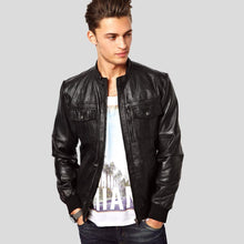 Load image into Gallery viewer, Reggie Black Bomber Leather Jacket - Shearling leather