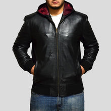 Load image into Gallery viewer, Shane Black Bomber Leather Jacket Hooded - Shearling leather