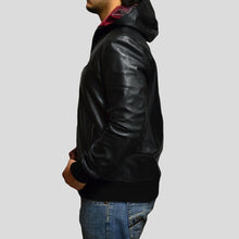 Load image into Gallery viewer, Shane Black Bomber Leather Jacket Hooded - Shearling leather