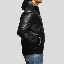 Load image into Gallery viewer, Shane Black Bomber Leather Jacket Hooded - Shearling leather