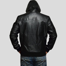 Load image into Gallery viewer, Shane Black Bomber Leather Jacket Hooded - Shearling leather