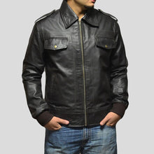 Load image into Gallery viewer, Willy Black Bomber Leather Jacket - Shearling leather