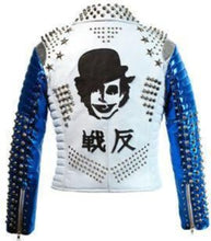 Load image into Gallery viewer, Men's White Blue Studded Leather Stylish Fashion Jacket - Shearling leather