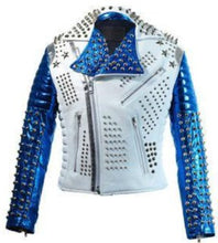 Load image into Gallery viewer, Men's White Blue Studded Leather Stylish Fashion Jacket - Shearling leather
