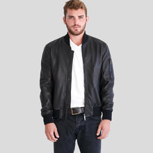 Load image into Gallery viewer, Clark Black Bomber Lambskin Leather Jacket - Shearling leather