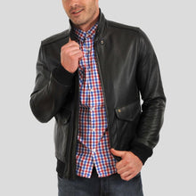 Load image into Gallery viewer, Osian Black Bomber Leather Jacket - Shearling leather