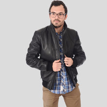 Load image into Gallery viewer, Reece Black Bomber Leather Jacket - Shearling leather