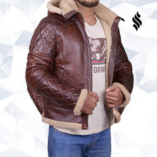 Load image into Gallery viewer, MEN BROWN SHEARLING JACKET WITH HOODIE - Shearling leather