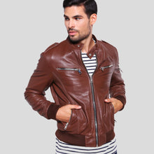 Load image into Gallery viewer, Fonz Brown Bomber Leather Jacket - Shearling leather