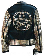 Load image into Gallery viewer, Men's Punk Style Golden Studded Black Zipper Leather Jacket - Shearling leather