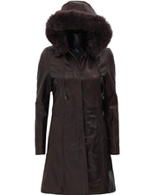 Load image into Gallery viewer, Dark Brown Leather Coat for Women With Removable Fur Hood