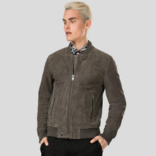 Load image into Gallery viewer, Zord Grey Suede Bomber Leather Jacket - Shearling leather