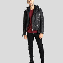 Load image into Gallery viewer, Lupe Black Removable Hooded Leather Jacket - Shearling leather