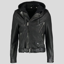 Load image into Gallery viewer, Lupe Black Removable Hooded Leather Jacket - Shearling leather