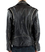 Load image into Gallery viewer, Men Silver Studded Jacket Black Punk Silver Spiked Leather Belted Biker Jacket - Shearling leather