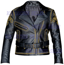 Load image into Gallery viewer, Women Leather Jacket Ladies Biker Jacket Golden Pine Studs Design - Shearling leather