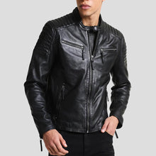 Load image into Gallery viewer, Lester Black Racer Leather Jacket - Shearling leather