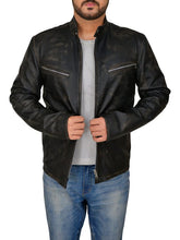 Load image into Gallery viewer, Men Distressed Black Cafe Racer Jacket - Shearling leather