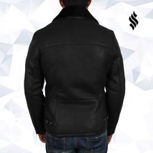 Load image into Gallery viewer, Men's Luxury Aviator Black Leather Shearling Sheepskin Flying Coat - Shearling leather