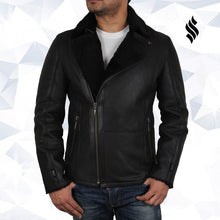 Load image into Gallery viewer, Men's Luxury Aviator Black Leather Shearling Sheepskin Flying Coat - Shearling leather
