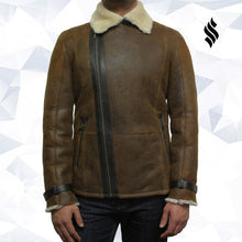 Load image into Gallery viewer, Men's Luxury Shearling Sheepskin Aviator Rust Brown Leather Flying Jacket Coat - Shearling leather