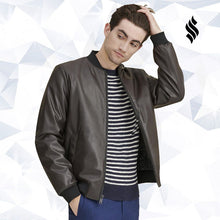 Load image into Gallery viewer, Men Dark Brown Bomber Leather Jacket - Shearling leather