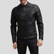 Load image into Gallery viewer, Enzo Black Slim Fit Leather Racer Jacket - Shearling leather