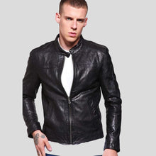 Load image into Gallery viewer, Ferd Black Slim Fit Leather Racer Jacket - Shearling leather
