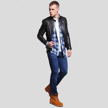 Load image into Gallery viewer, Ferd Black Slim Fit Leather Racer Jacket - Shearling leather