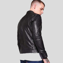 Load image into Gallery viewer, Ferd Black Slim Fit Leather Racer Jacket - Shearling leather