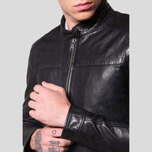 Load image into Gallery viewer, Ferd Black Slim Fit Leather Racer Jacket - Shearling leather