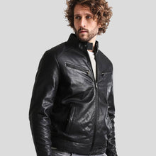 Load image into Gallery viewer, Frank Black Leather Racer Jacket - Shearling leather