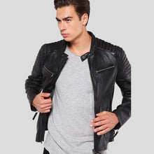 Load image into Gallery viewer, Greg Black Leather Racer Jacket - Shearling leather