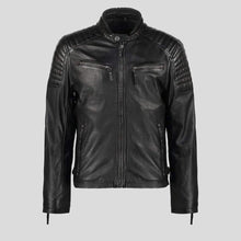 Load image into Gallery viewer, Greg Black Leather Racer Jacket - Shearling leather