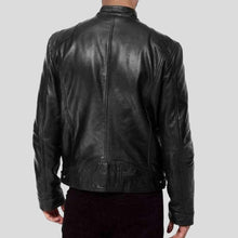 Load image into Gallery viewer, Hamp Black Leather Racer Jacket - Shearling leather