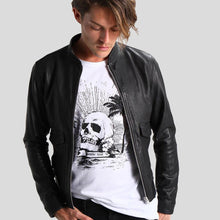 Load image into Gallery viewer, Juan Black Leather Racer Jacket - Shearling leather
