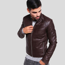 Load image into Gallery viewer, Joey Brown Leather Racer Jacket - Shearling leather
