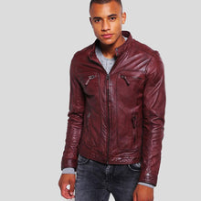 Load image into Gallery viewer, Timo Burgundy Leather Racer Jacket - Shearling leather