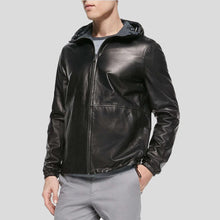 Load image into Gallery viewer, Racio Black Hooded Leather Jacket - Shearling leather